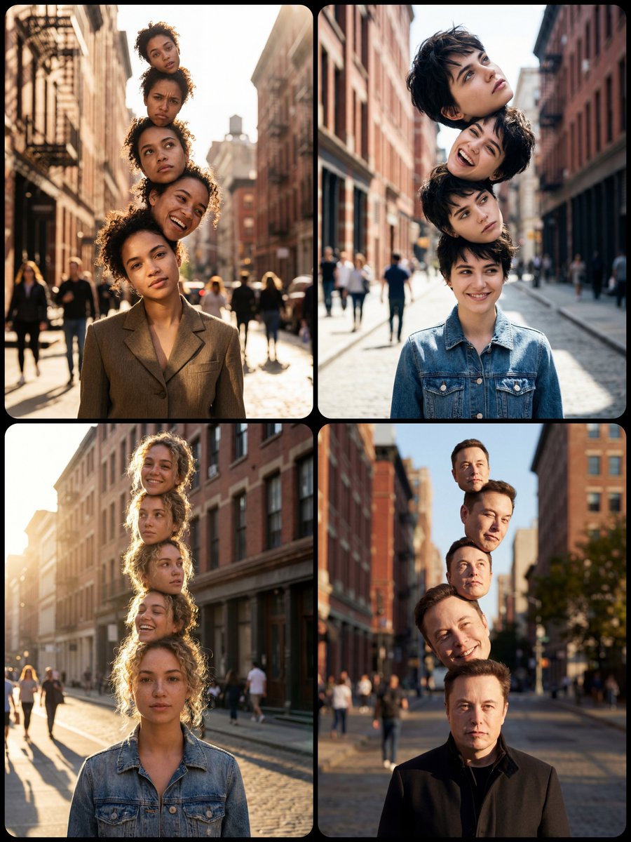 Surrealist Totem Pole Portrait on a Sunny City Street AI image prompt example