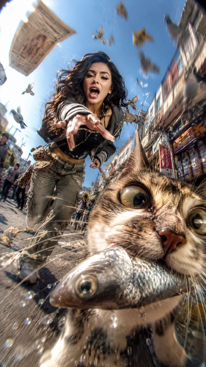 Chaotic Y2K Tokyo Street Chase: Cat Steals Fish in Digicam Snapshot AI image prompt example