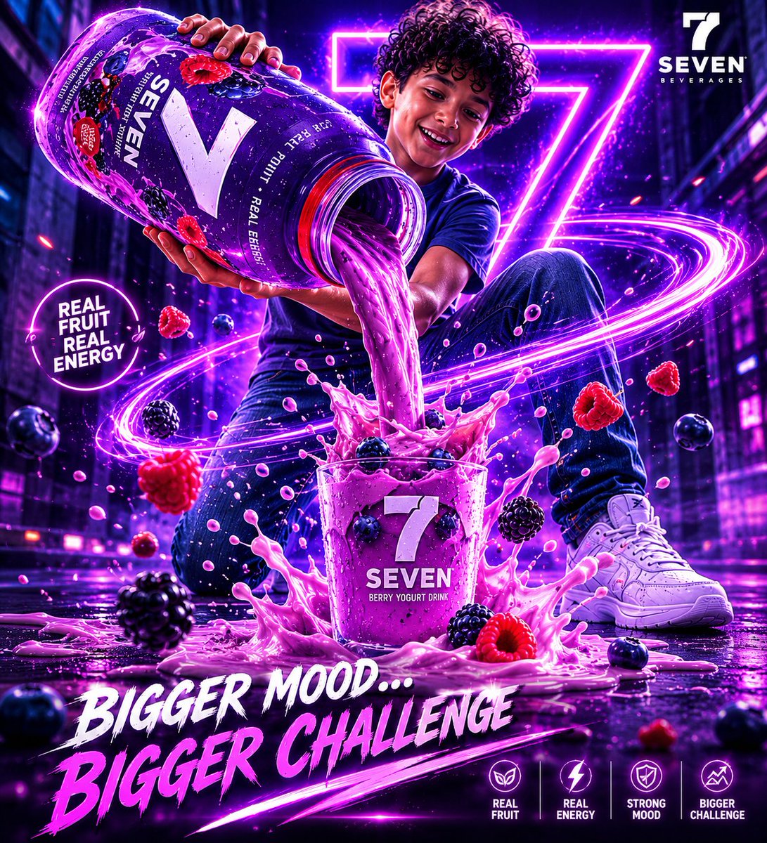 Hyper-Realistic Cinematic Poster: Berry Yogurt Drink & Boy in Sci-Fi Hallway AI image prompt example
