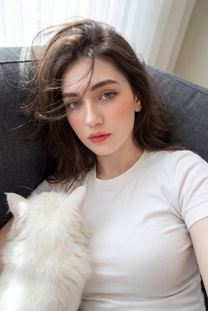 Woman Kissing White Cat in Cozy Home: Vivid Portrait with Dewy Makeup AI image prompt example