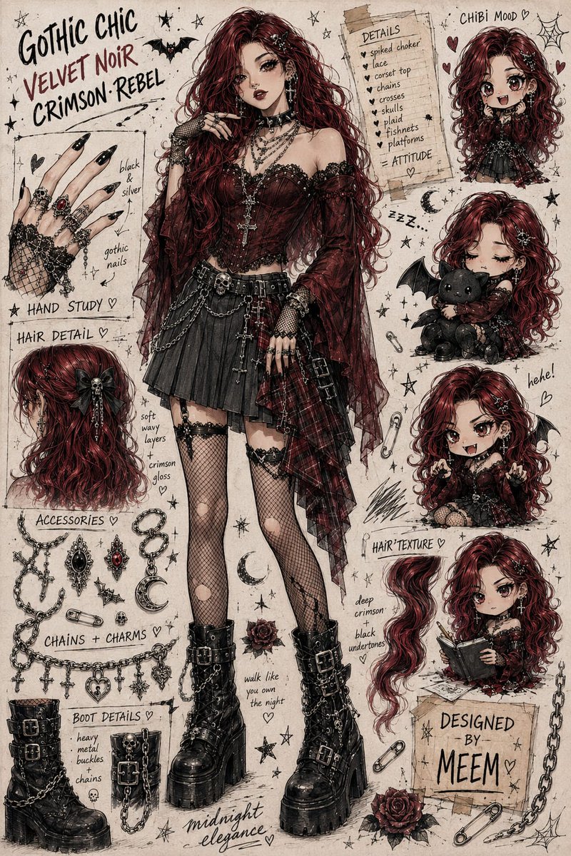 Gothic Anime Fashion Concept Art: Character Design Sketch Sheet AI image prompt example