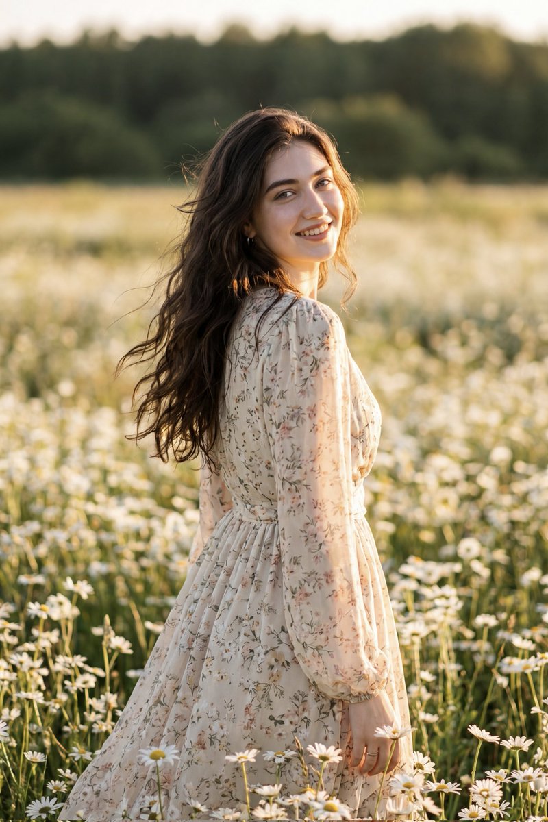 Golden Hour Portrait in a Field of White Daisies: Cinematic Photography AI image prompt example