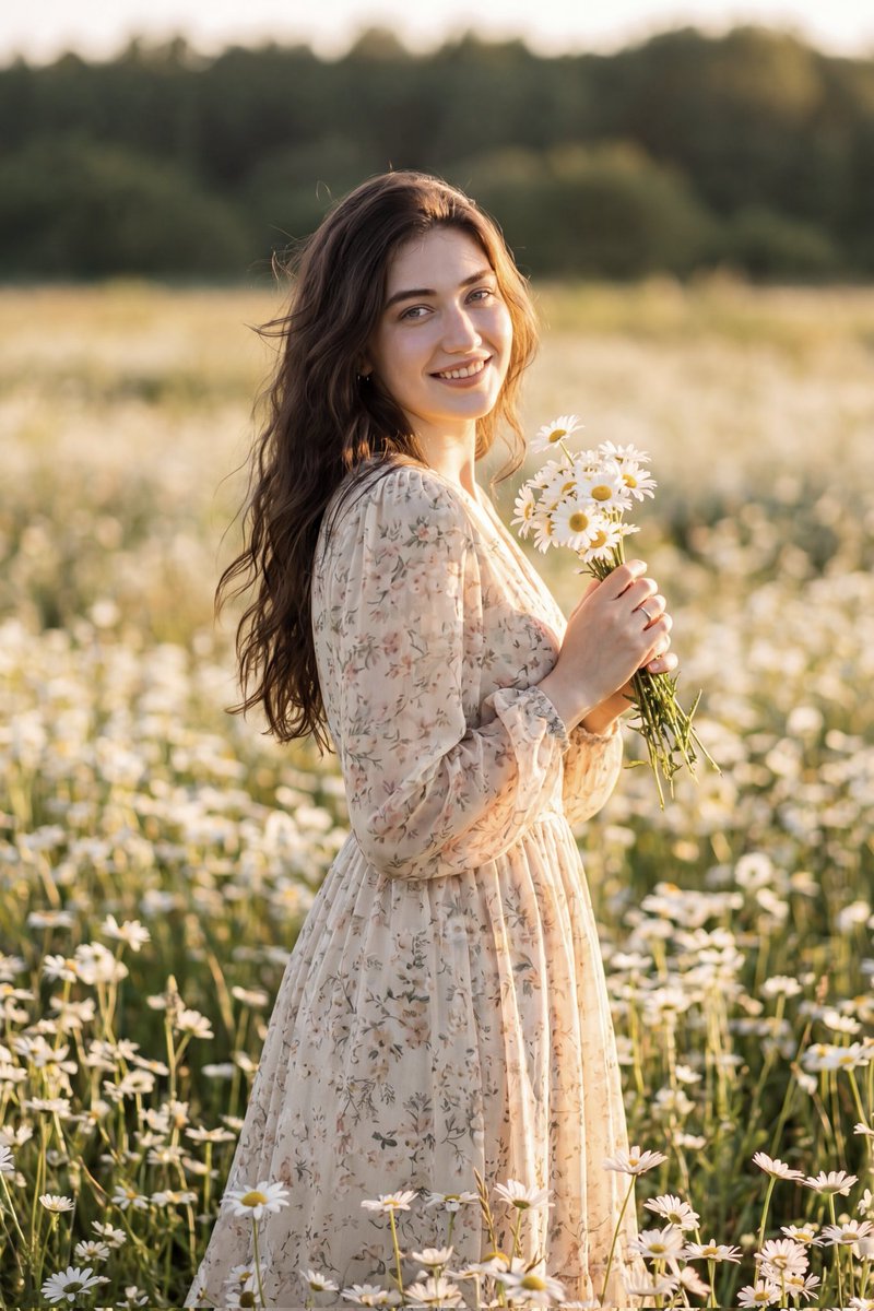 Golden Hour Portrait in a Field of White Daisies: Cinematic Photography AI image prompt example 2