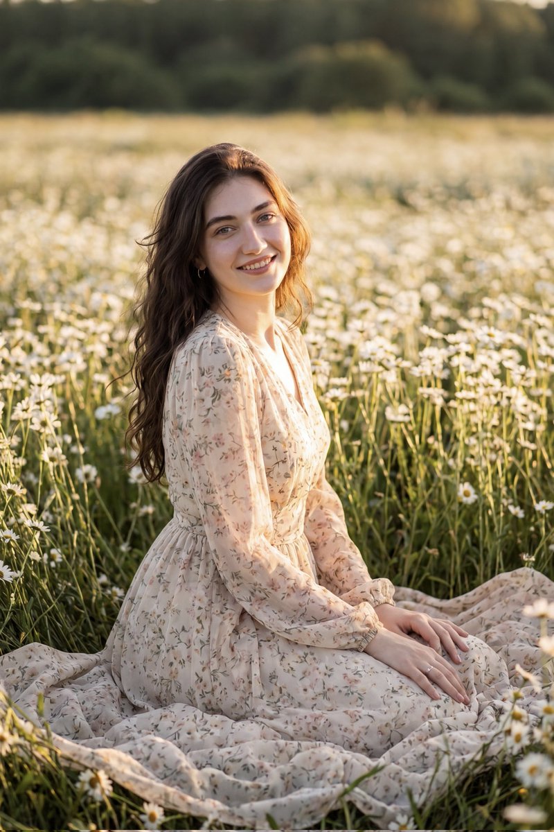 Golden Hour Portrait in a Field of White Daisies: Cinematic Photography AI image prompt example 3
