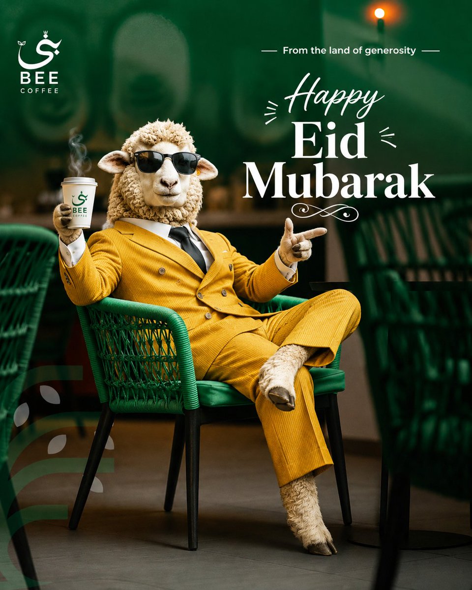 Luxury Eid Café Poster with Anthropomorphic Sheep in Business Suit AI image prompt example
