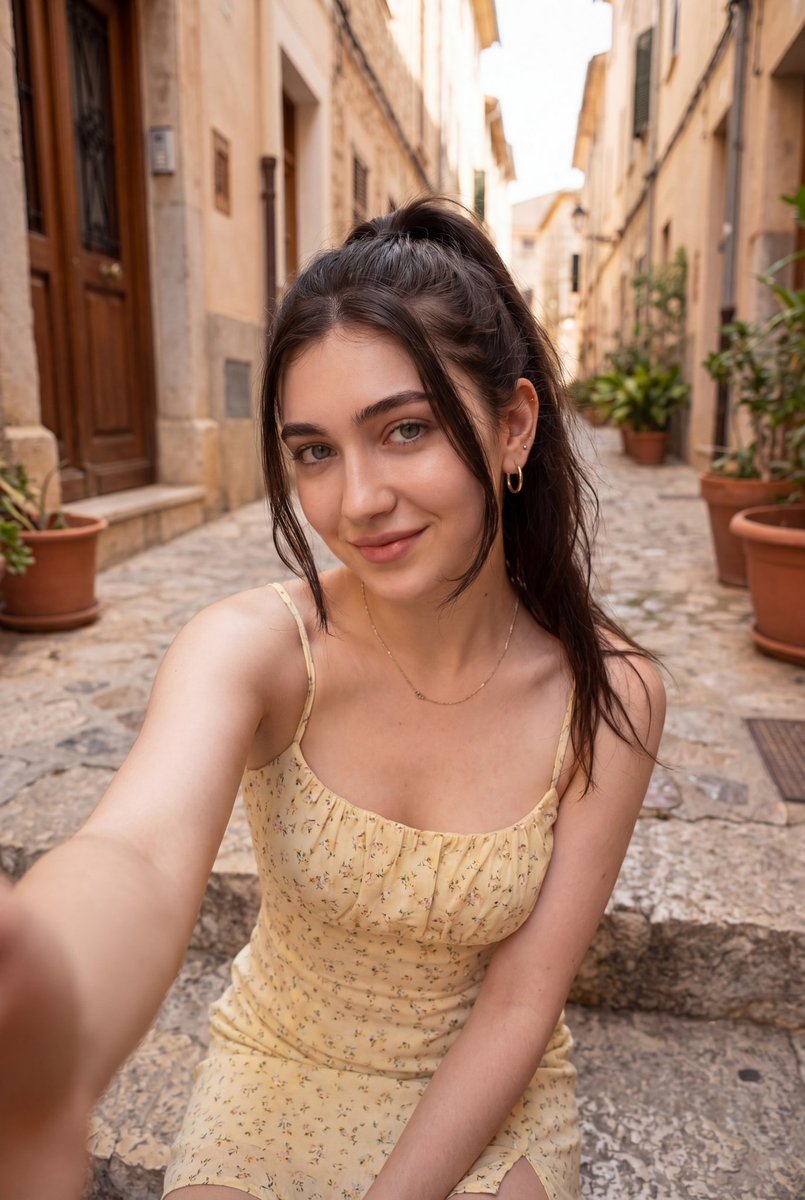 Female Self-Portrait on Mediterranean Stone Steps in a Sunny Alleyway AI image prompt example