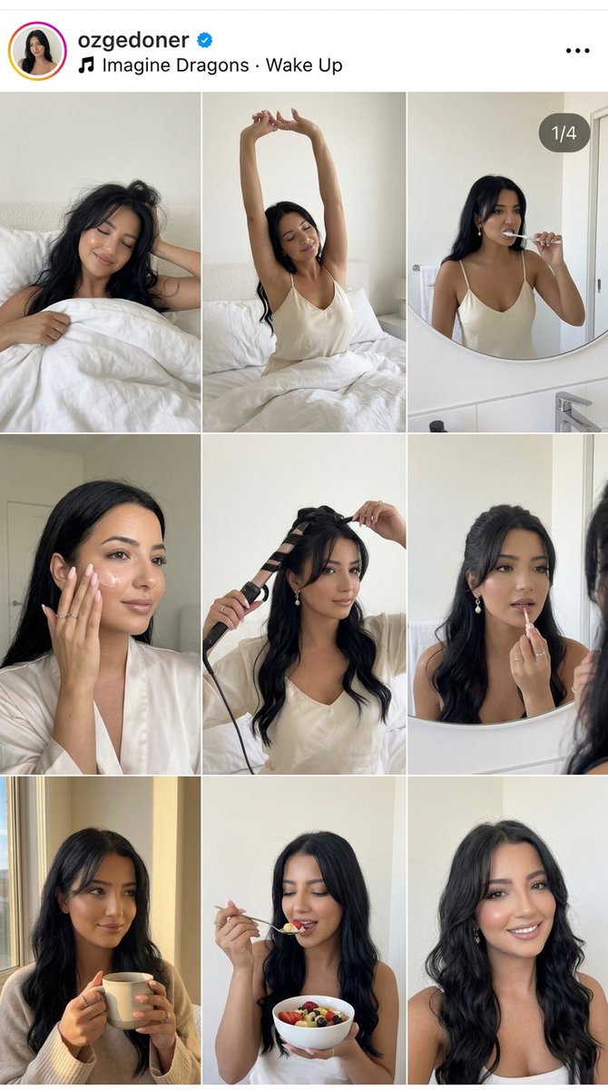 Cozy Feminine Morning Routine 3x3 Instagram Collage AI image prompt example