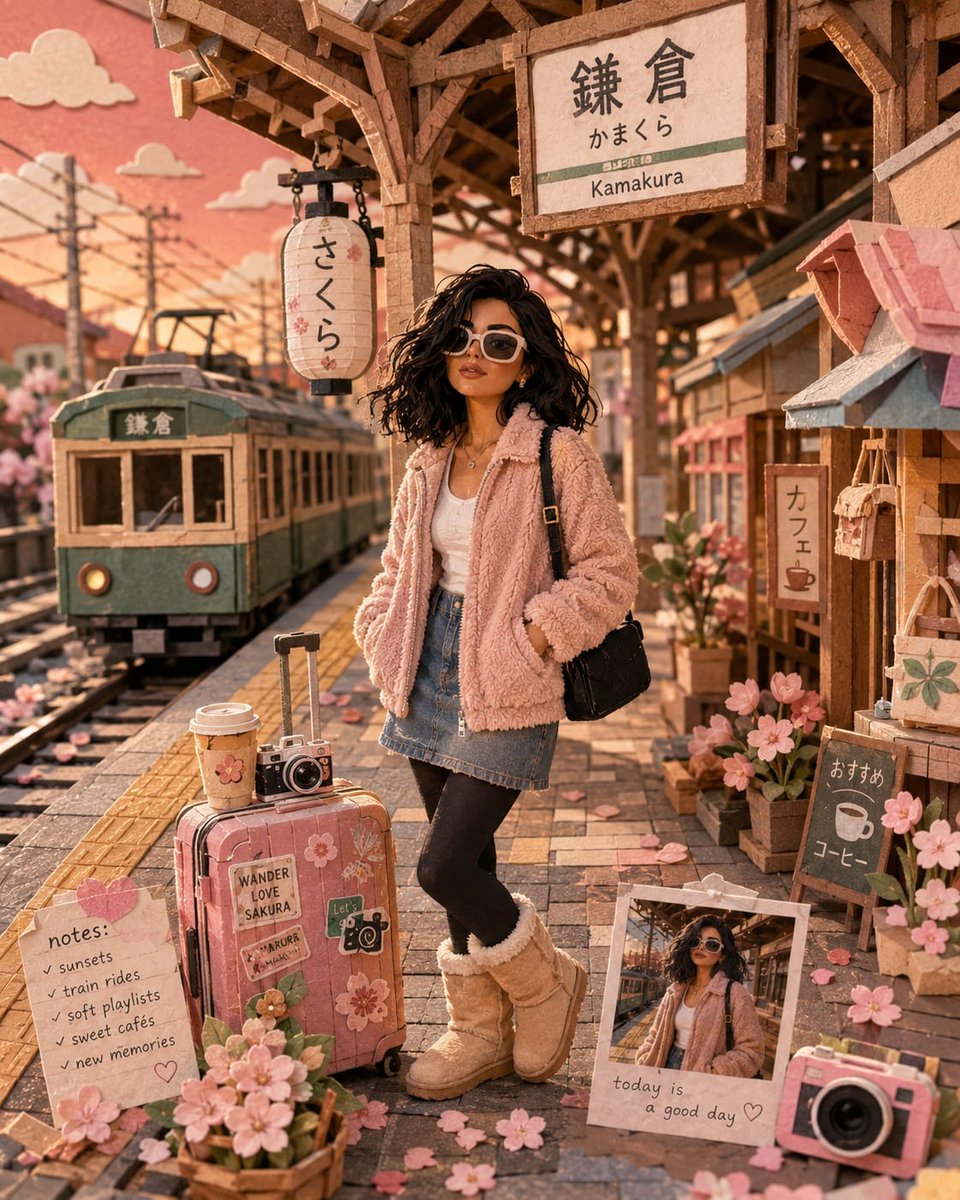 Dreamy Kawaii Travel Scrapbook and Paper Diorama on a Japanese Platform AI image prompt example 2