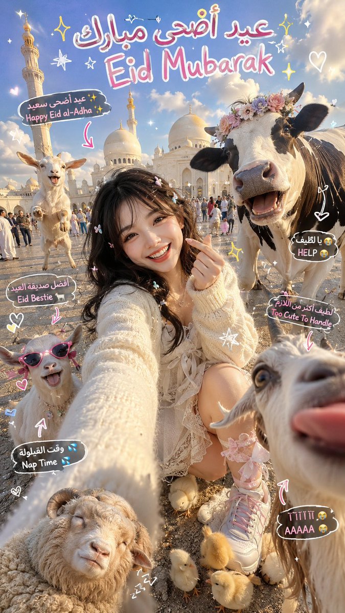 Eid al-Adha Selfie with Farm Animals in Front of Grand Mosque AI image prompt example