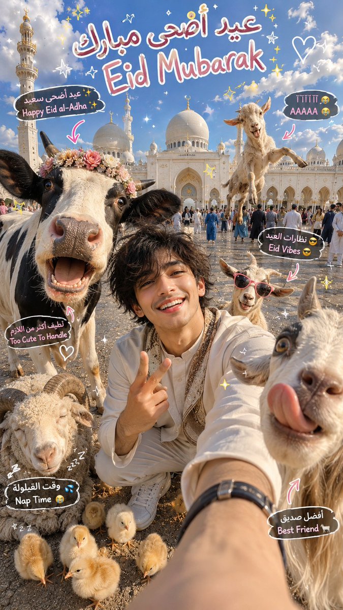 Eid al-Adha Selfie with Farm Animals in Front of Grand Mosque AI image prompt example 2