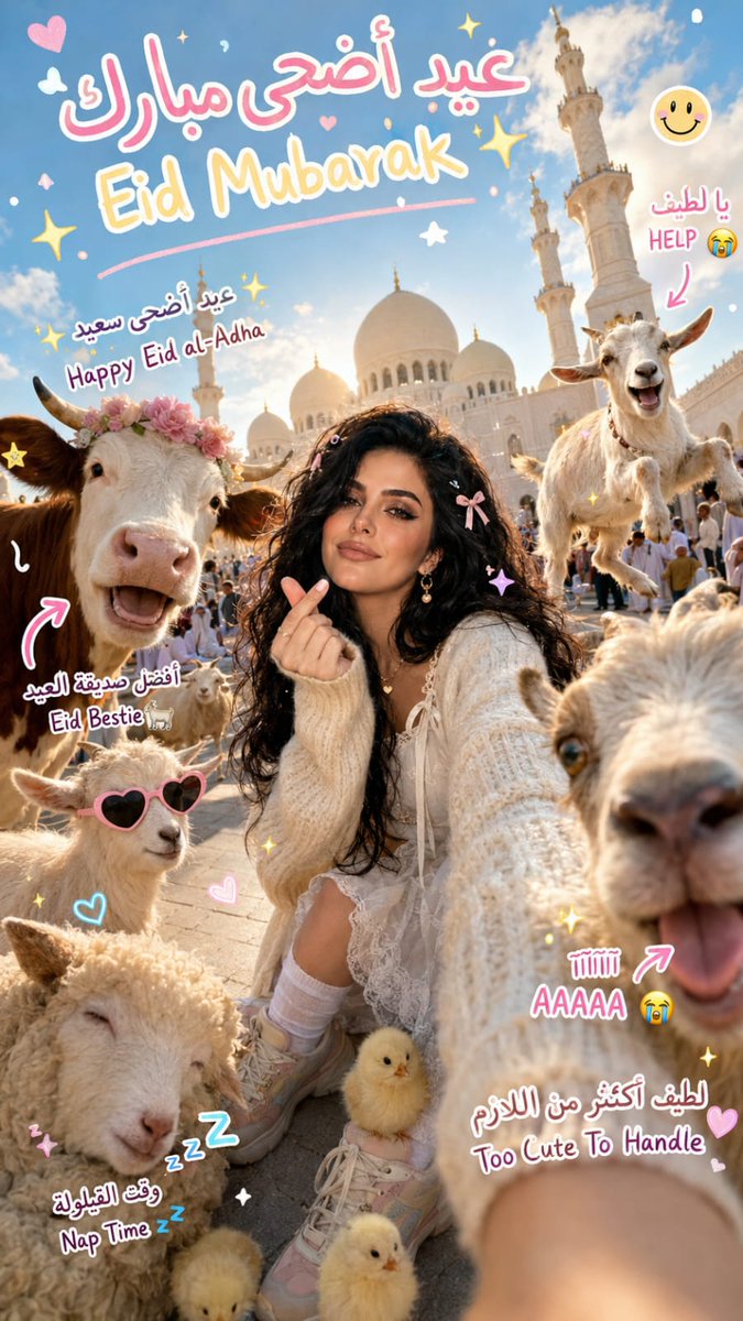 Ultra-Realistic Eid al-Adha Selfie with Farm Animals and Grand Mosque AI image prompt example
