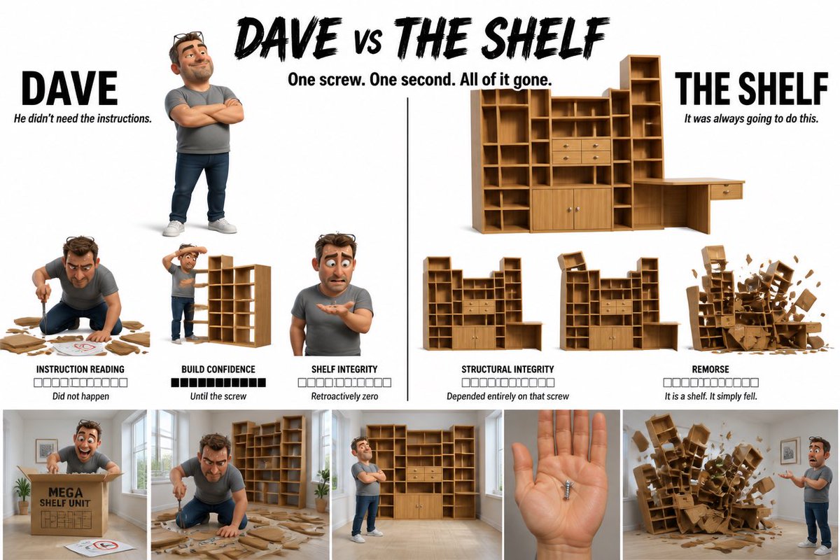 Dave vs The Shelf: Pixar 3D Character Design Sheet AI image prompt example