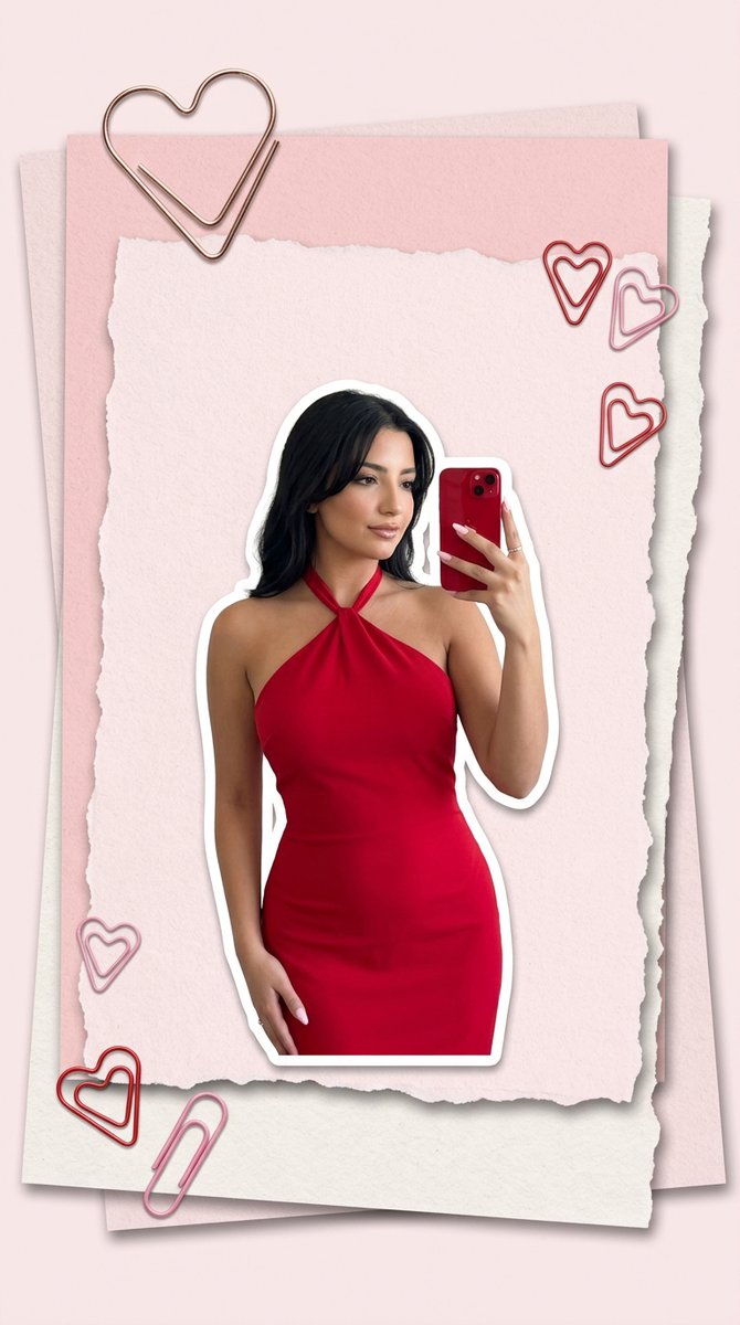 Fashion Collage Moodboard with Red Dress on Pink Paper Layers AI image prompt example