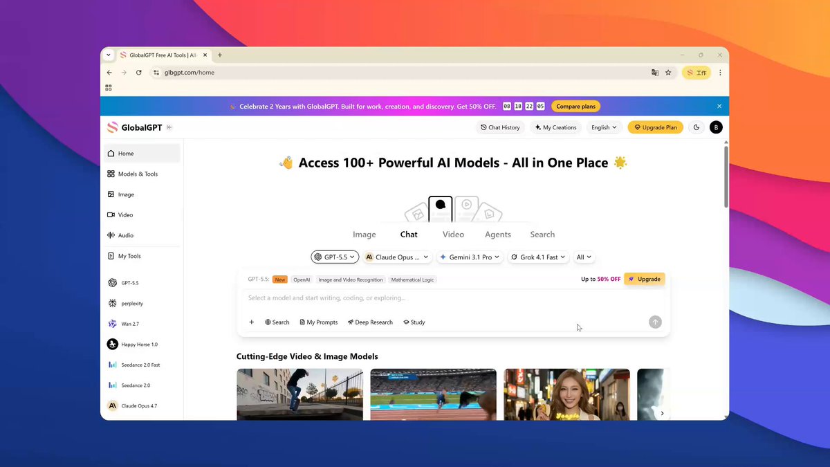 GlobalGPT AI Workspace Interface with Chat, Image, Video, and Audio Tools AI image prompt example 2