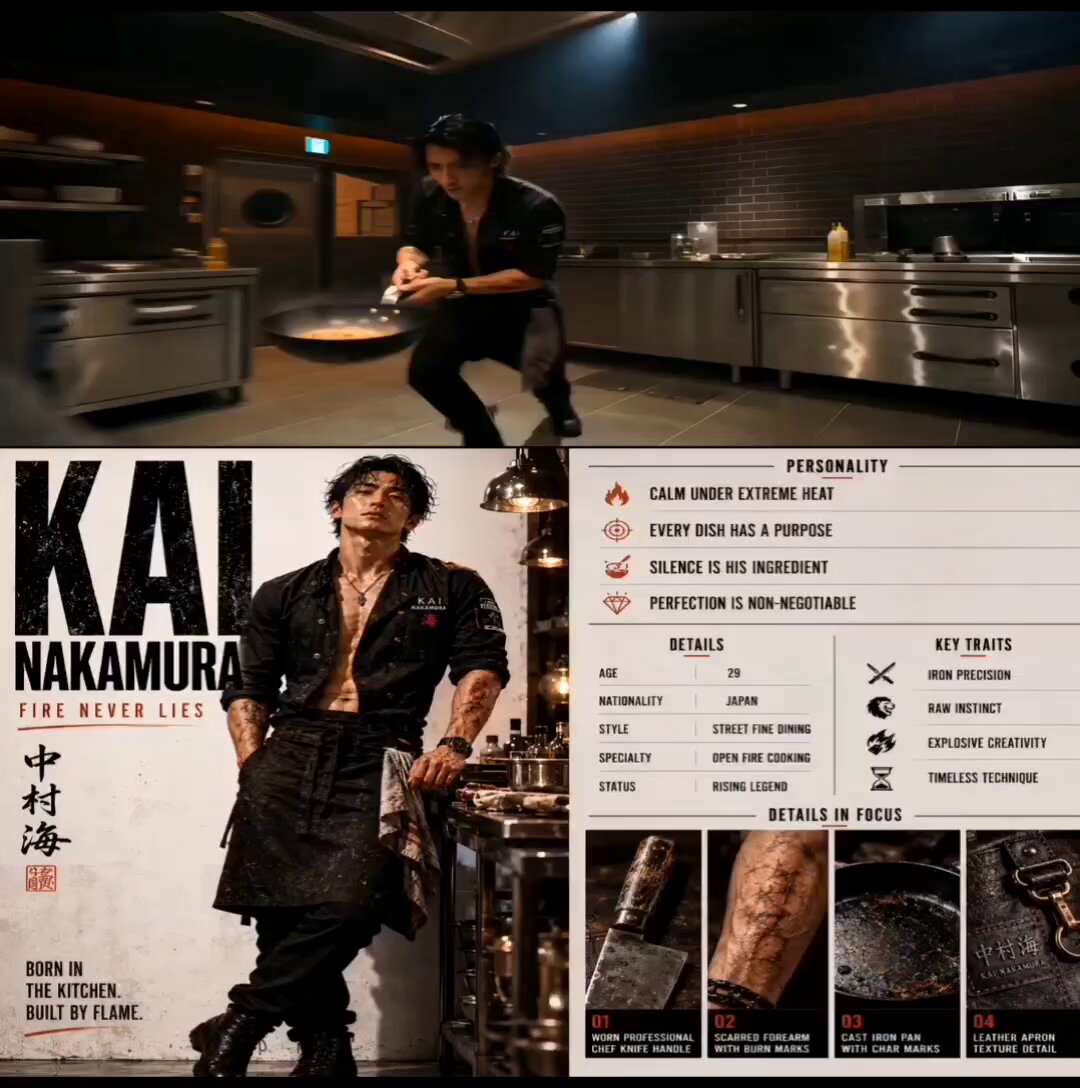 Cinematic Japanese Street Chef in Action at an Open-Fire Kitchen Station AI image prompt example 2
