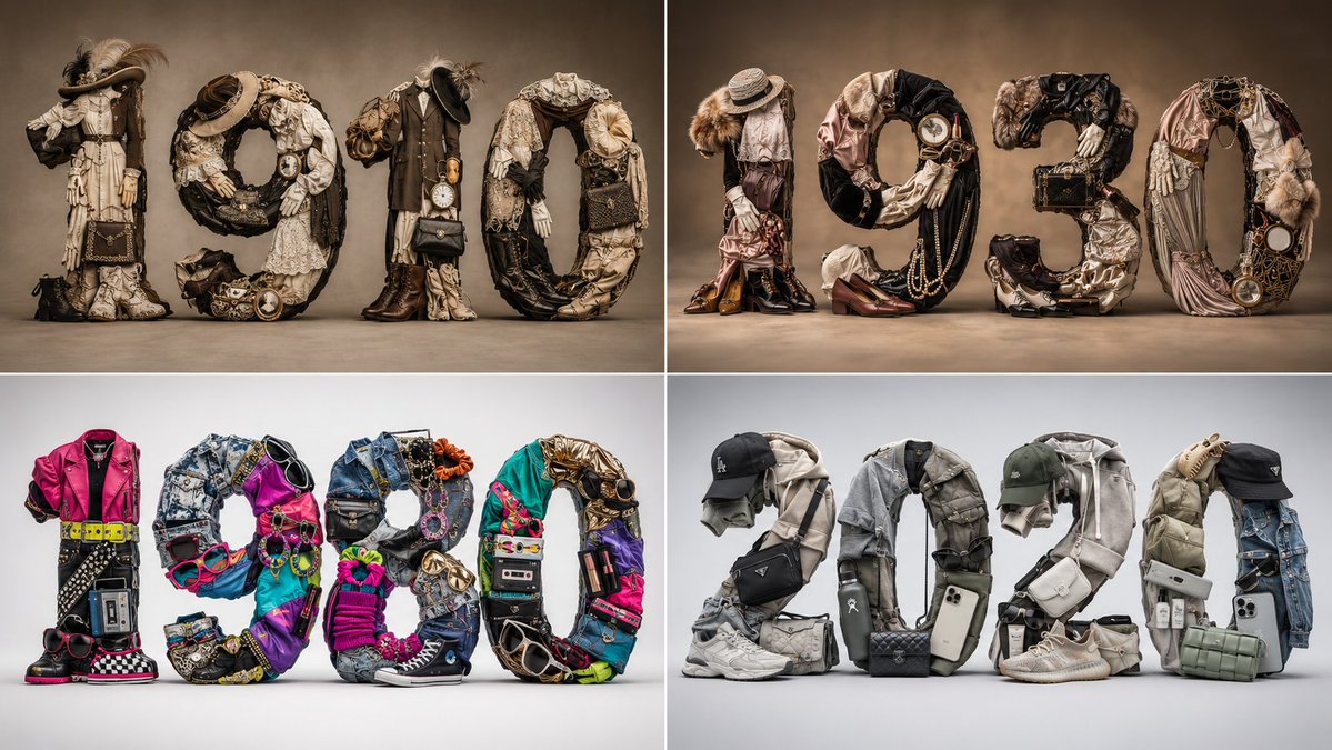 1910s to 2020s Fashion Decades as 3D Typographic Sculptures AI image prompt example
