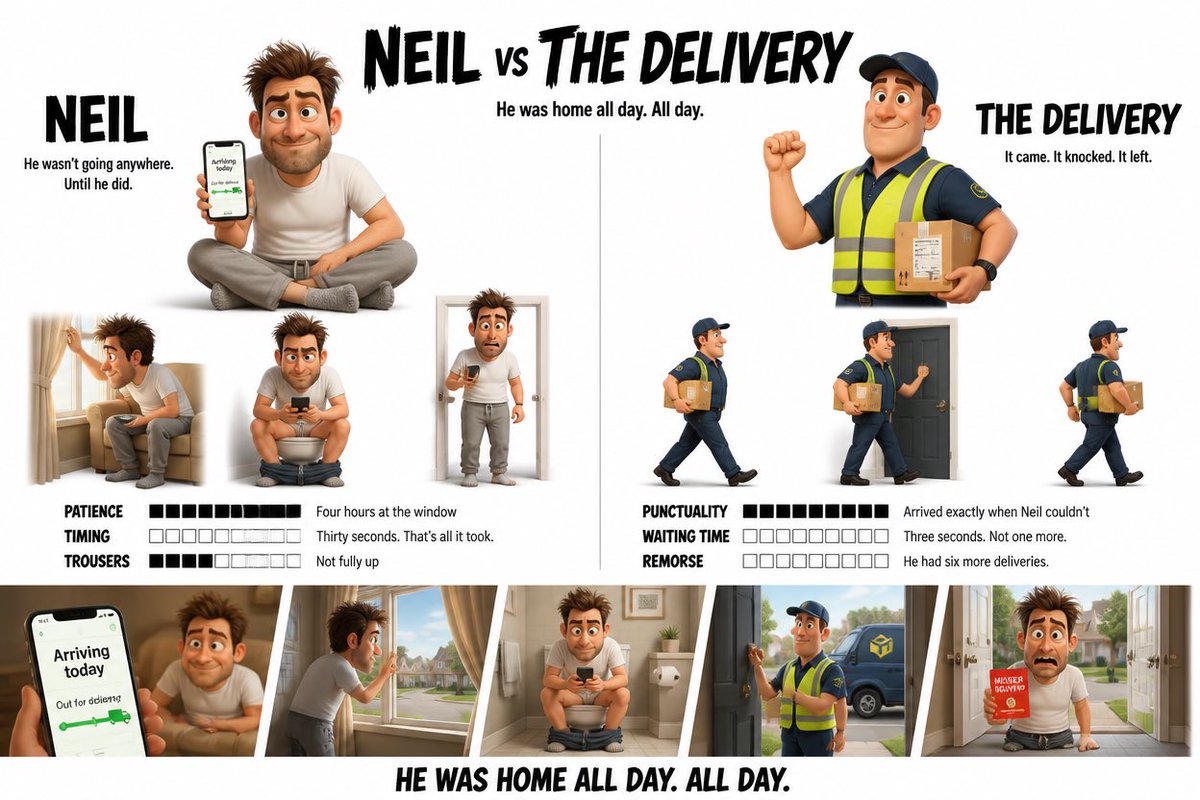 Pixar 3D Character Design Sheet: Neil vs The Delivery AI image prompt example