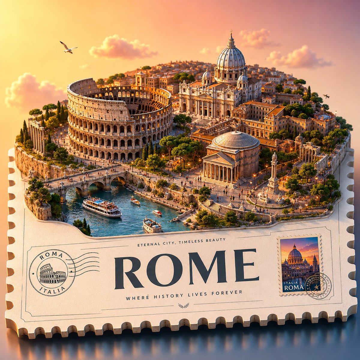 Premium 3D Isometric Travel Poster with Floating Miniature Coastal Cityscape AI image prompt example 3