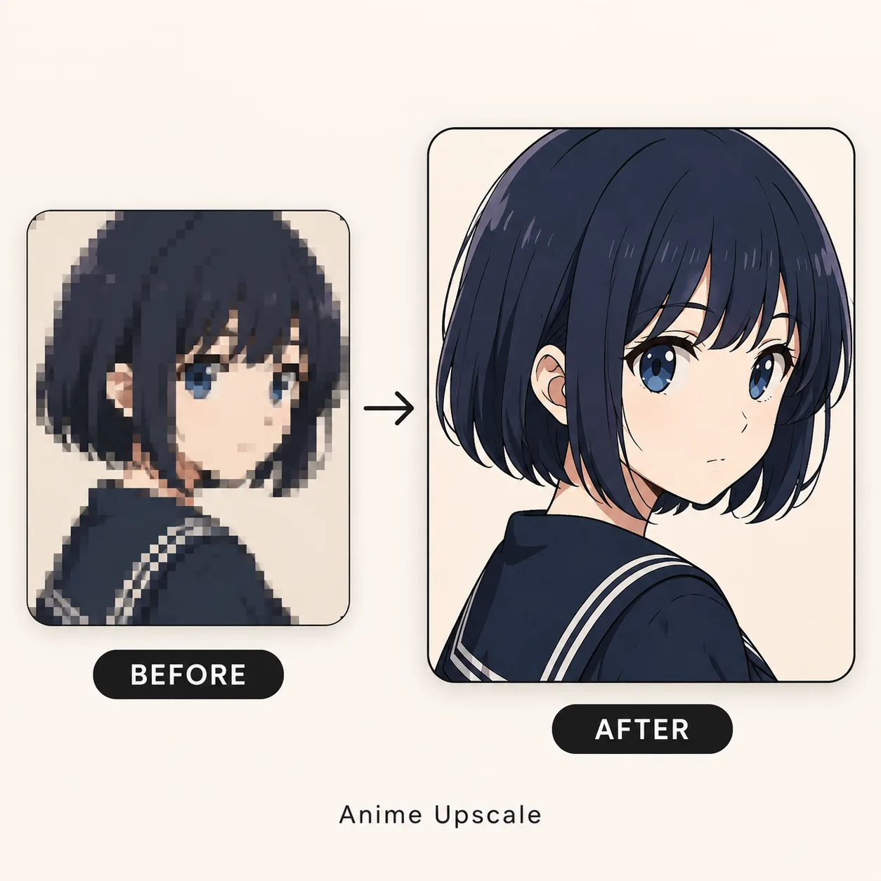 Anime upscaler before and after example