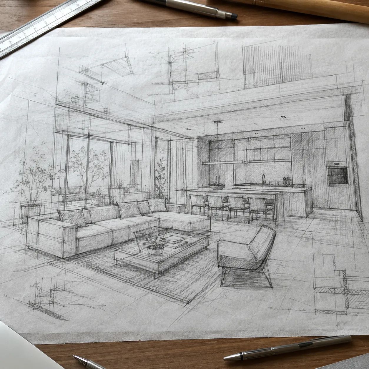 Interior sketch to Golden Hour render before
