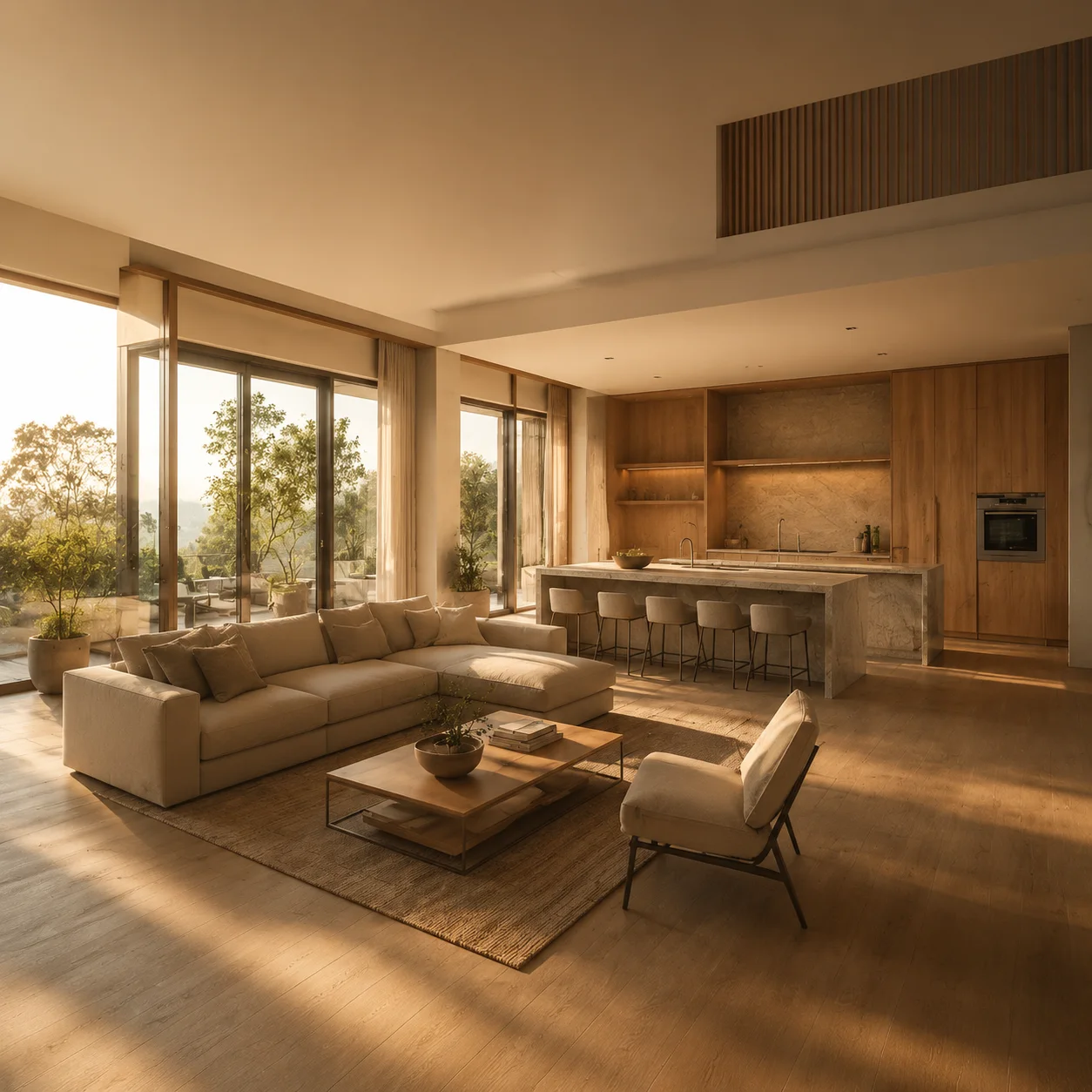 Interior sketch to Golden Hour render after